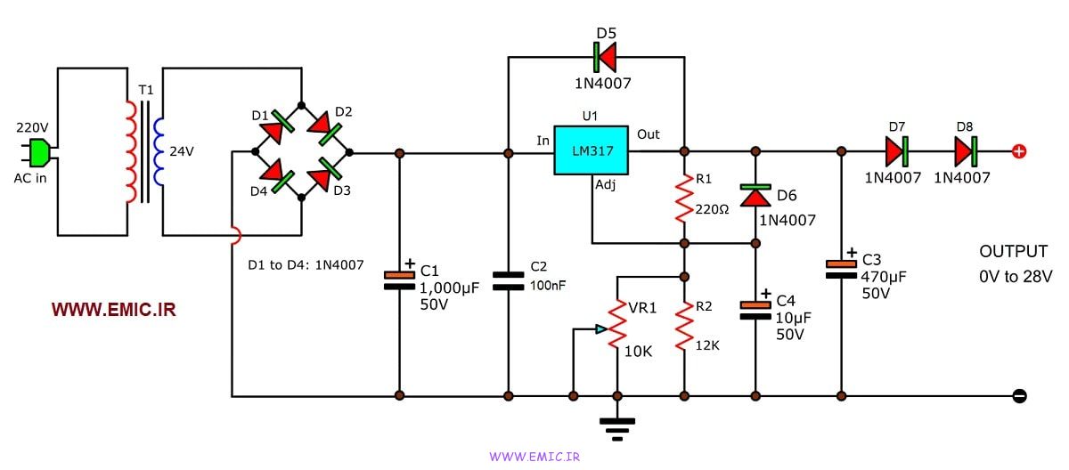 Variable-power-supply-0-to-28V-using-LM317-emic