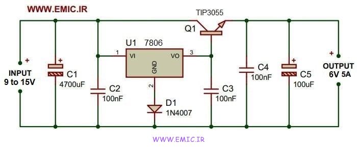 شماتیک مدار منبع تغذیه 6 ولت 5 آمپر با رگولاتور 7806