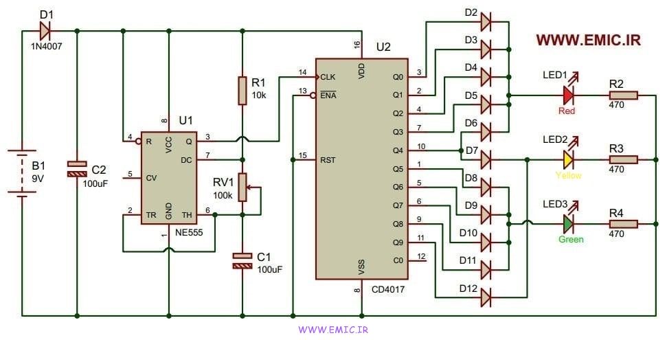 شماتیک مدار چراغ راهنمایی با آی سی 555 و آی سی 4017