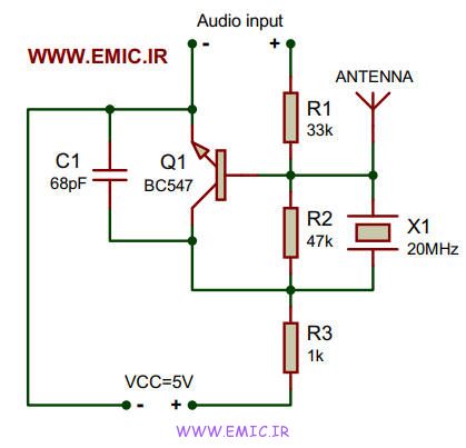 شماتیک مدار فرستنده FM ساده با فرکانس 100 مگاهرتز
