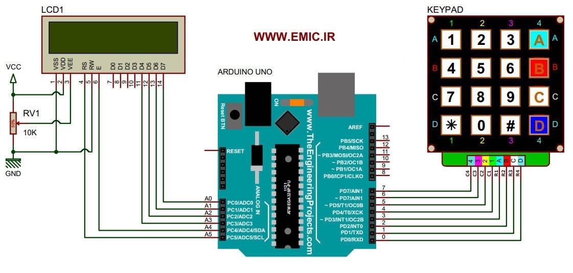 شماتیک پروژه آردوینو راه اندازی کی پد 4 در 4 با LCD کاراکتری