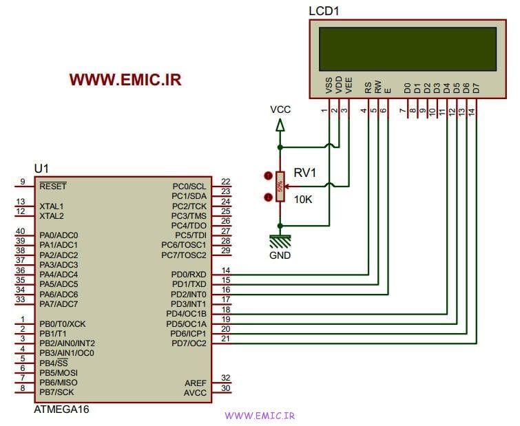شماتیک پروژه AVR نوشتن متن فارسی روی LCD کاراکتری