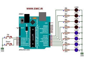 شماتیک پروژه آردوینو شمارنده LED با کلید افزایشی و کاهشی