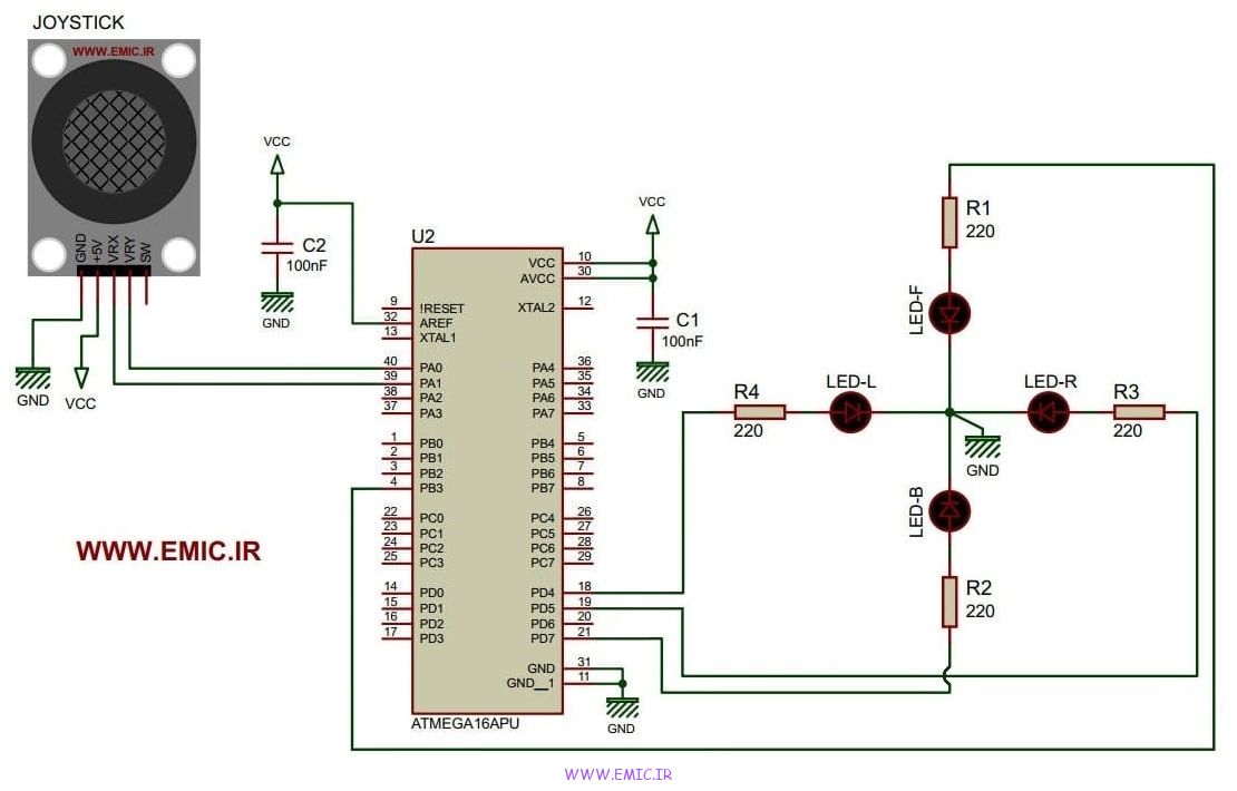 شماتیک پروژه AVR کنترل روشنایی LED با جوی استیک