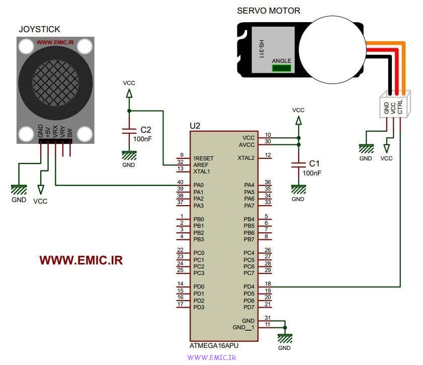 شماتیک پروژه AVR کنترل حرکت سروو موتور با جوی استیک