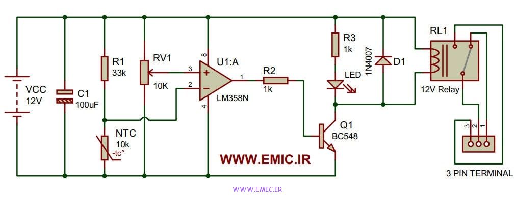 شماتیک مدار تشخیص گرمای بیش از حد با آی سی LM358 و رله