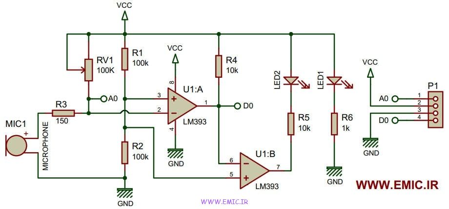 شماتیک مدار ماژول سنسور صدای میکروفون