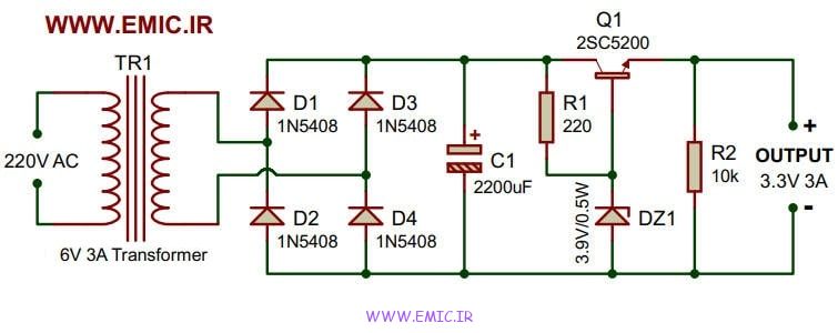 شماتیک مدار منبع تغذیه 3.3 ولت با ترانزیستور
