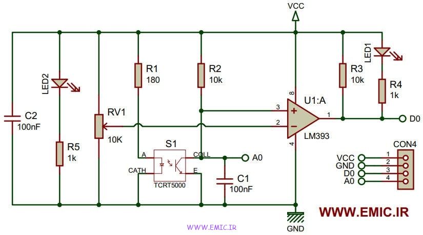 شماتیک مدار ماژول سنسور مادون قرمز TCRT5000