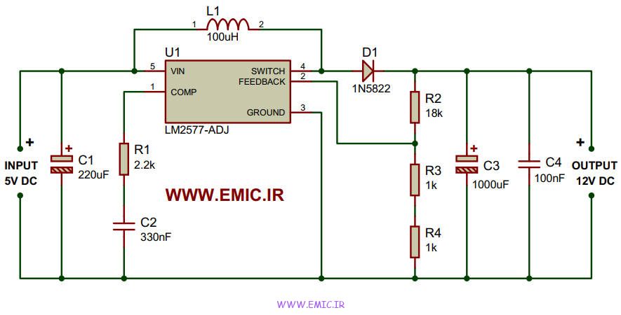 شماتیک مدار افزاینده ولتاژ 5 ولت USB به 12 ولت DC